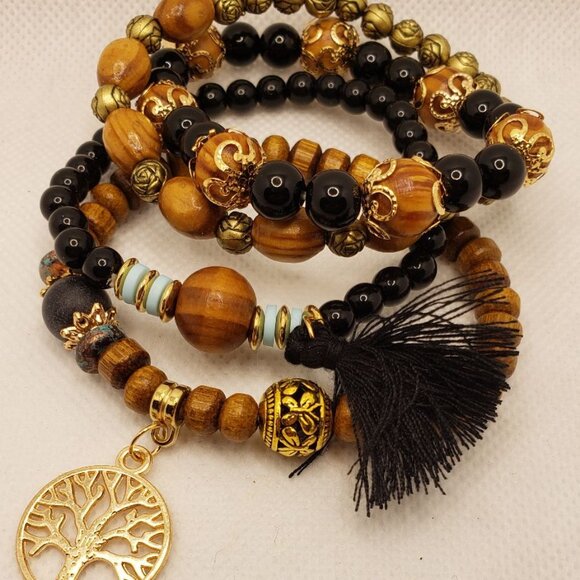 Multilayer Bracelet Tassel Tree of Life Shape Pendant Handmade Beads Stretchy Br - Picture 3 of 16